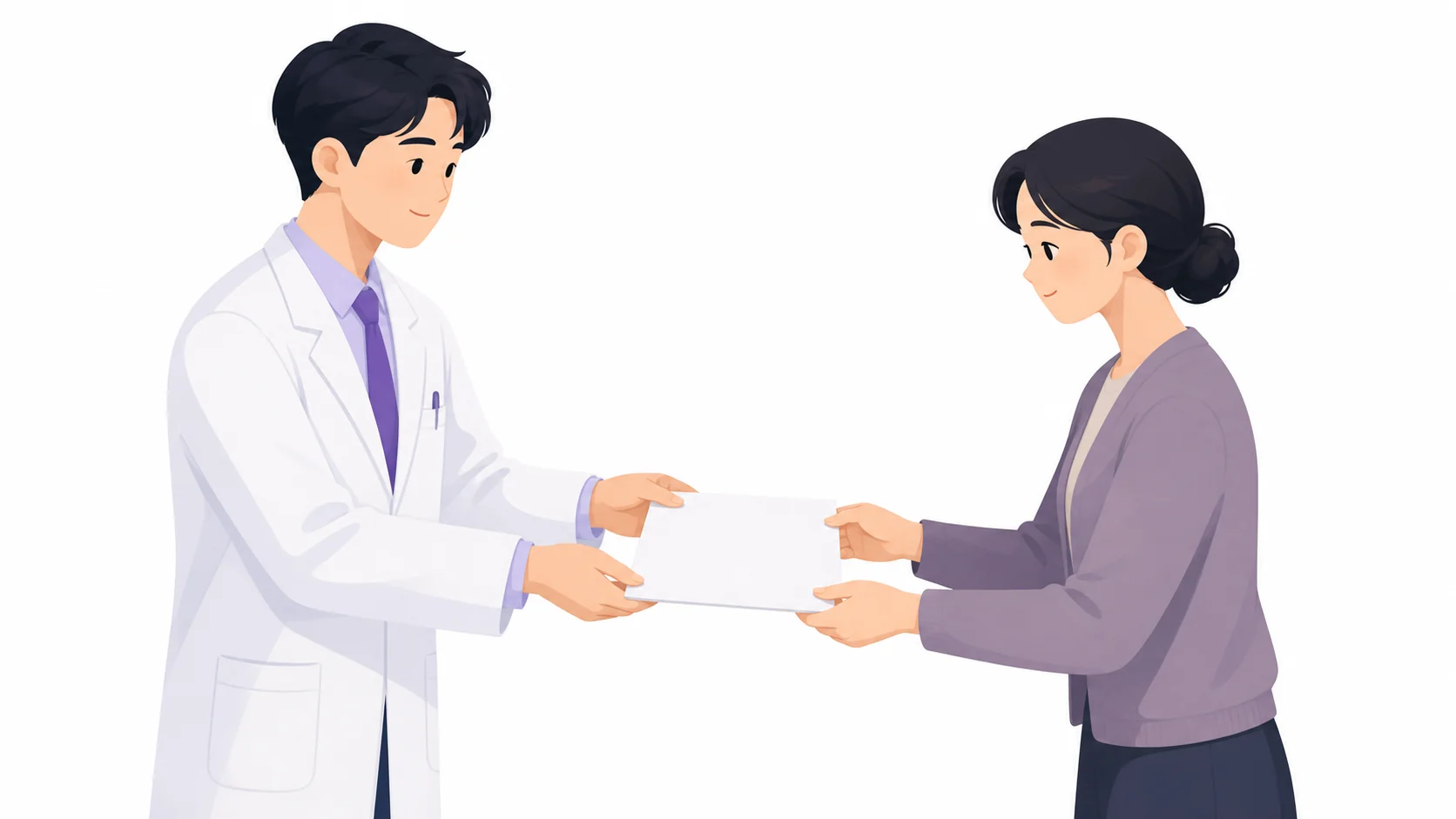 의사가 유족에게 사망 관련 서류를 두 손으로 건네는 장면