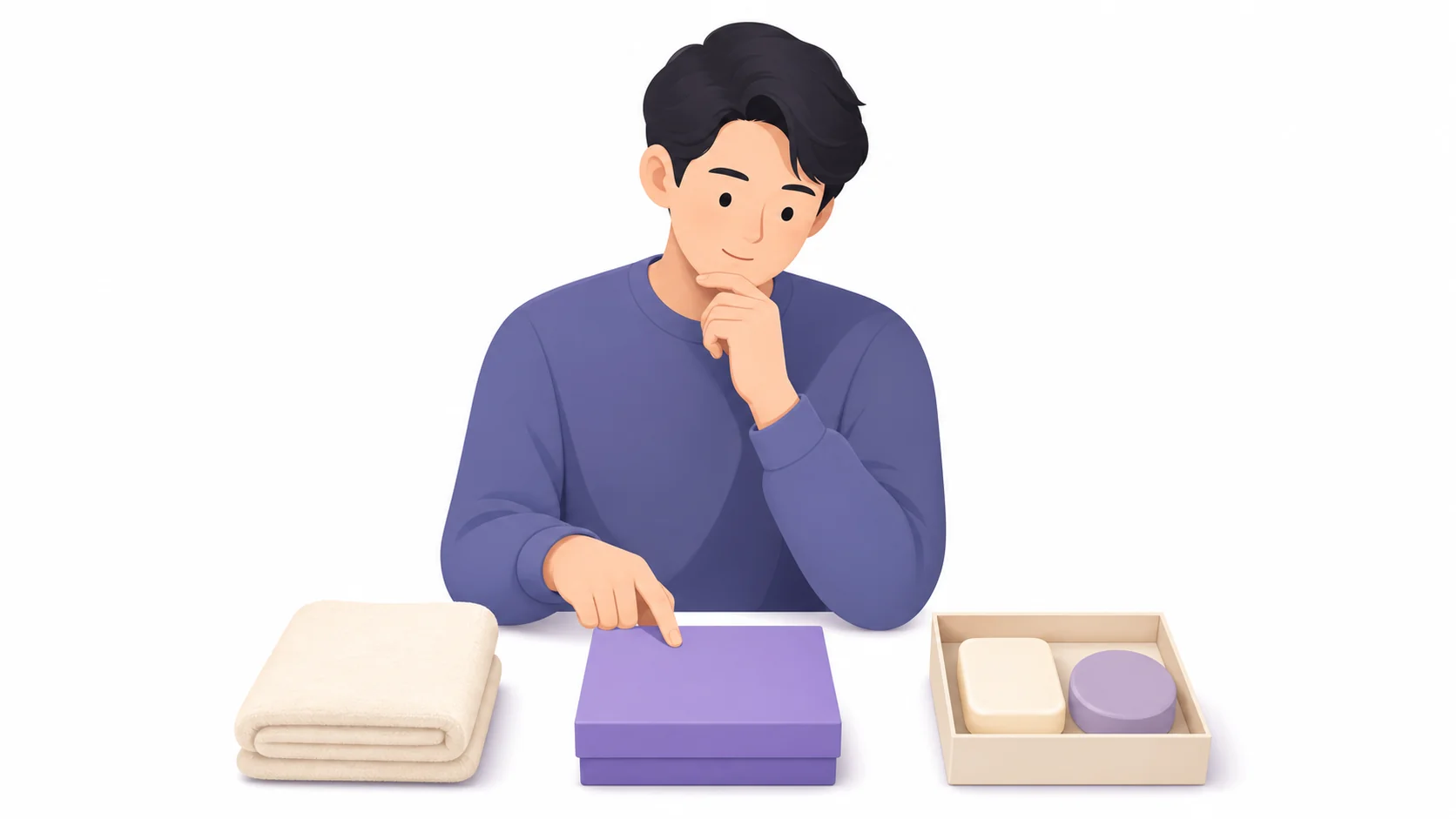 수건과 상자 세트를 늘어놓고 품목을 고르는 모습