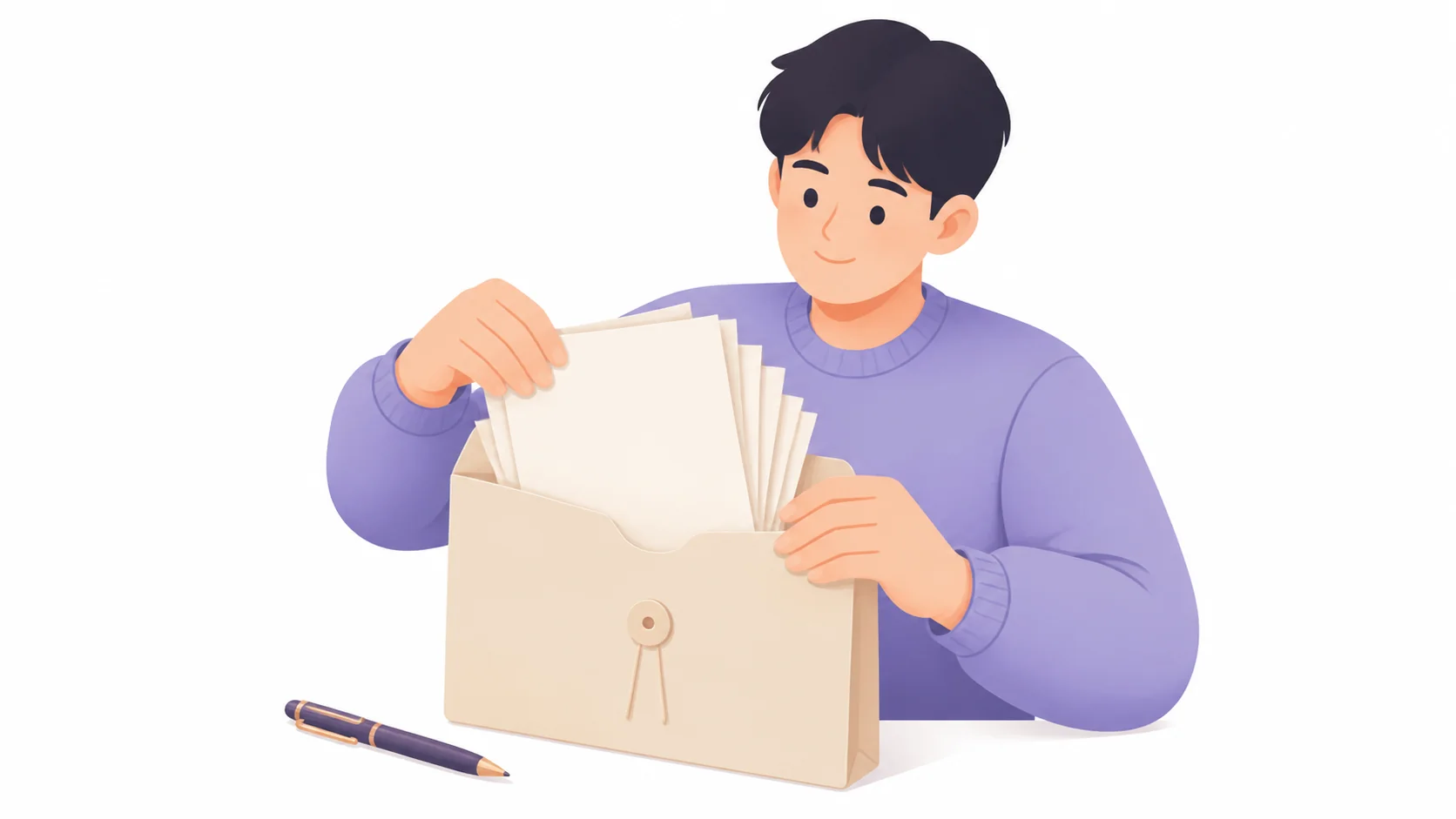 사망진단서와 가족관계 서류를 봉투에 정리하는 정물