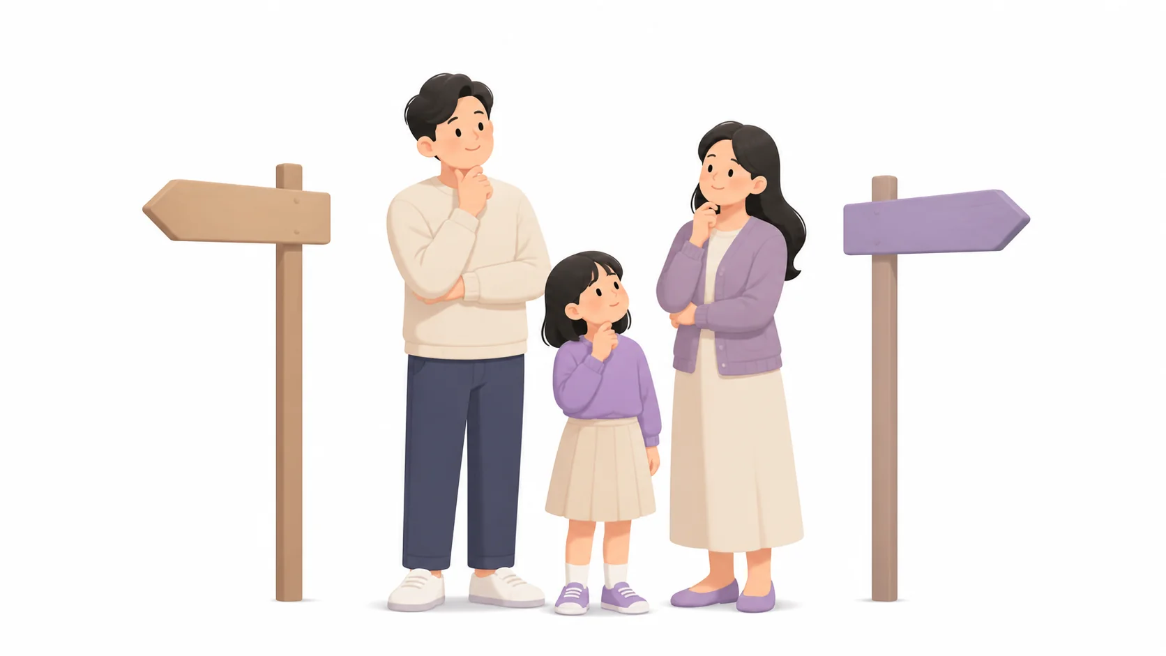 두 갈래 선택지를 앞에 두고 상의하는 가족