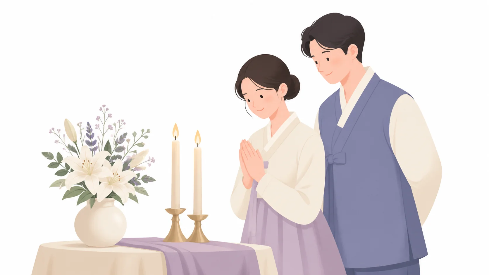 천주교 장례를 상징하는 촛불과 흰 꽃 정물