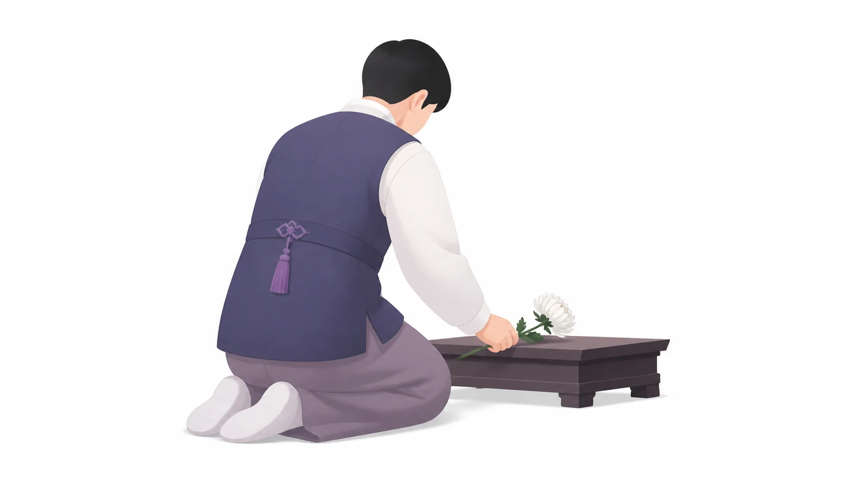 헌화대에 흰 국화를 올리고 묵념하는 조문객