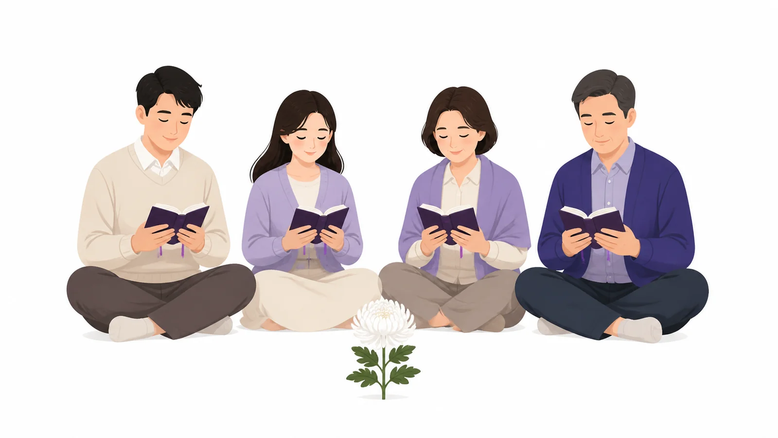 빈소에서 기도책을 들고 연도를 바치는 신자들