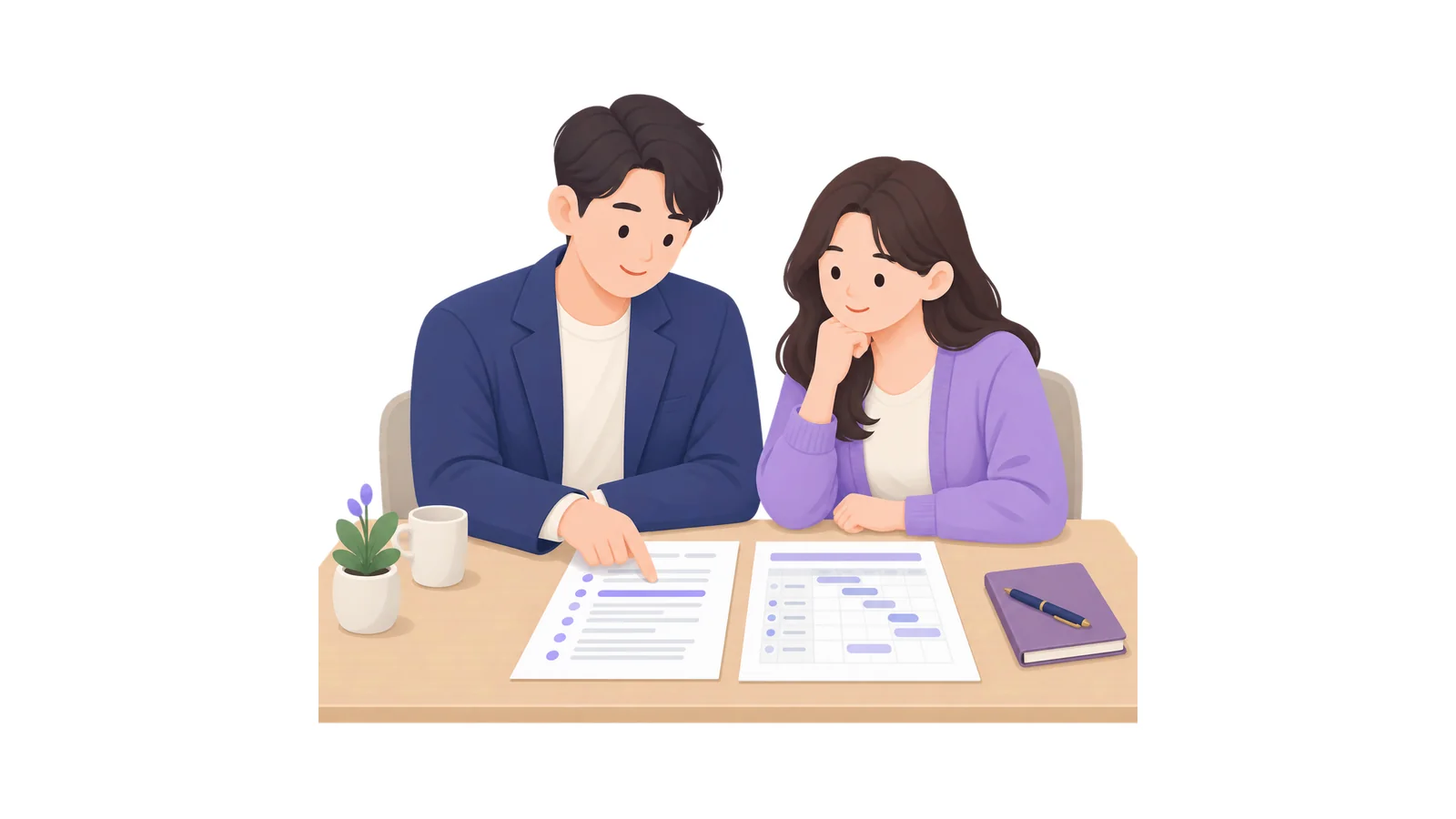 장례 견적서와 일정표를 나란히 놓고 확인하는 모습
