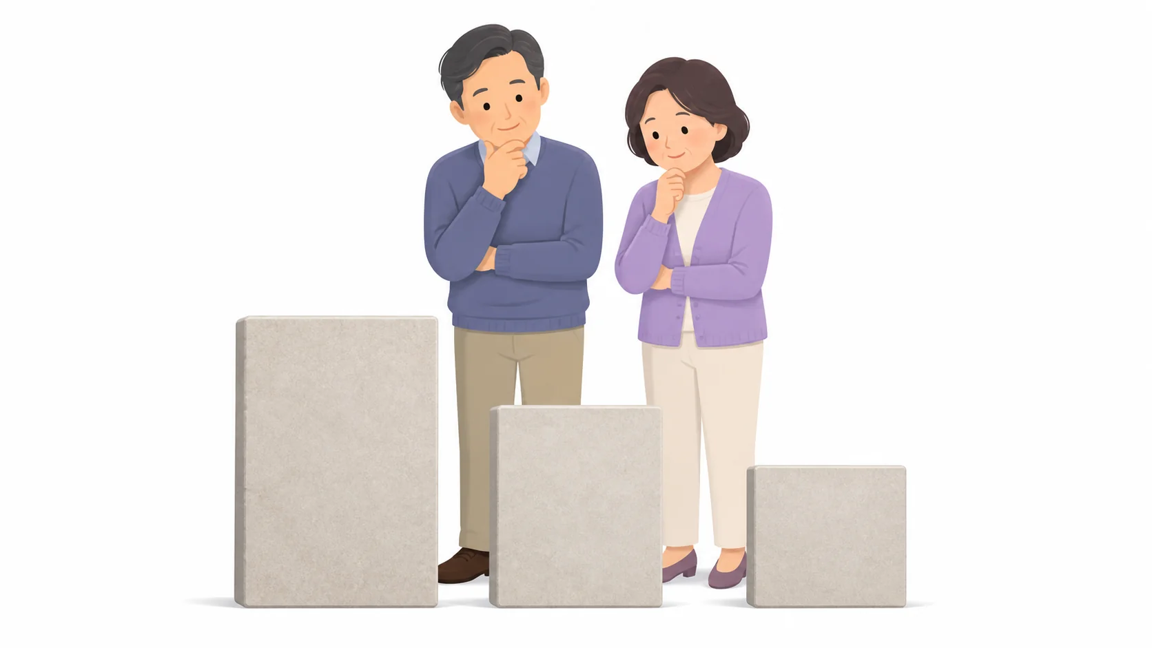 규격이 다른 비석 세 개를 비교하는 부부