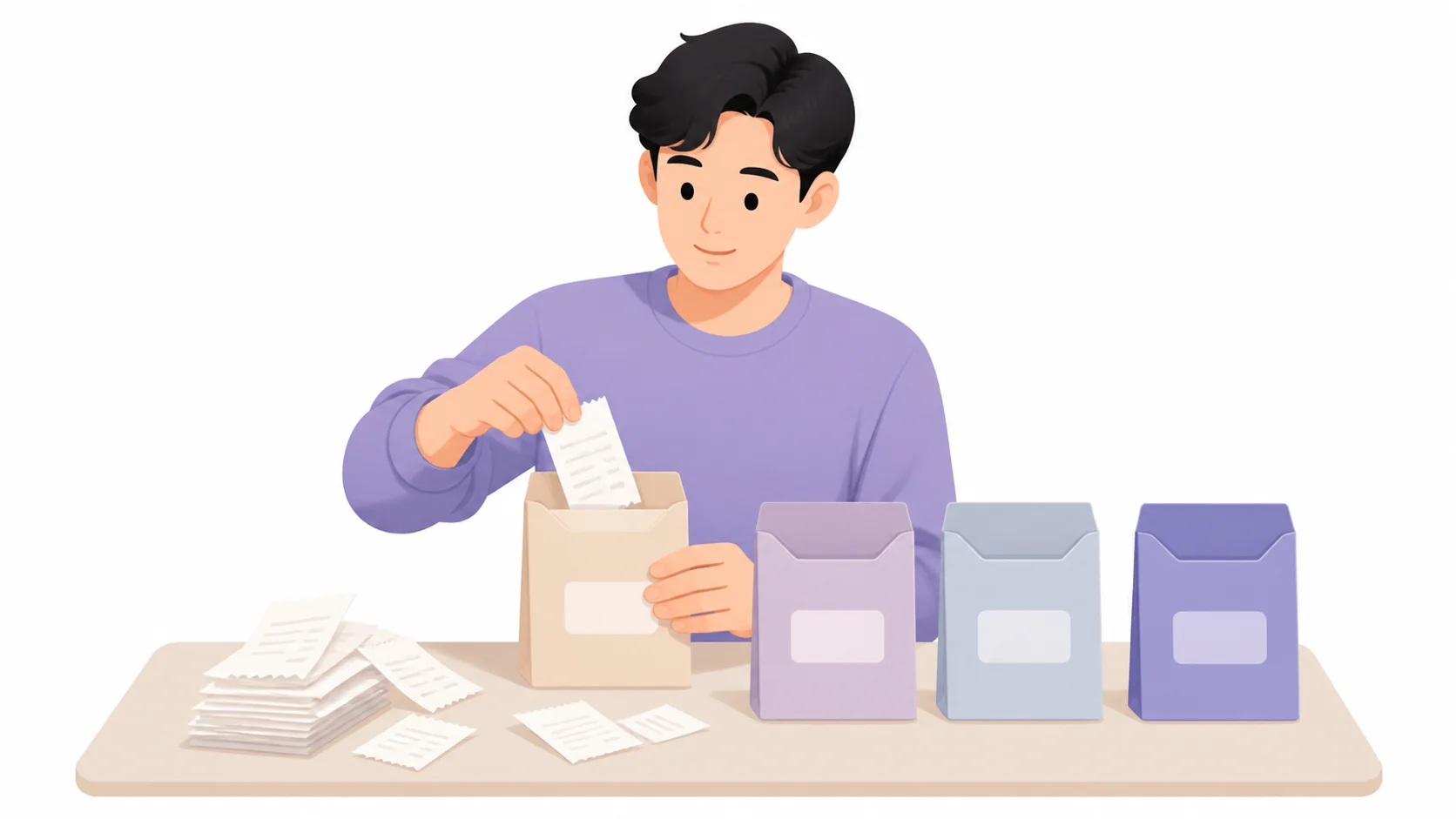 장례비 영수증을 종류별로 봉투에 나누는 모습
