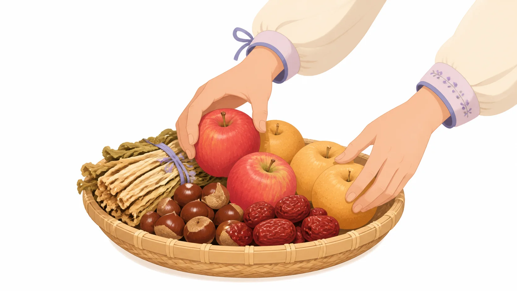 제사 장보기로 담은 과일과 나물 꾸러미