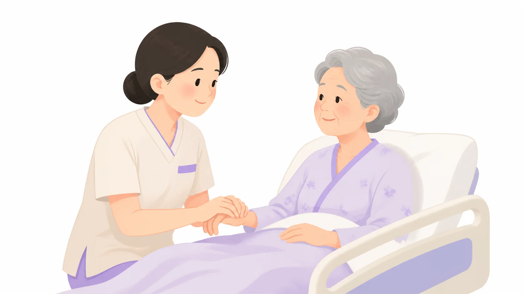 요양보호사가 병상 곁에서 어르신의 손을 받쳐 드리는 모습