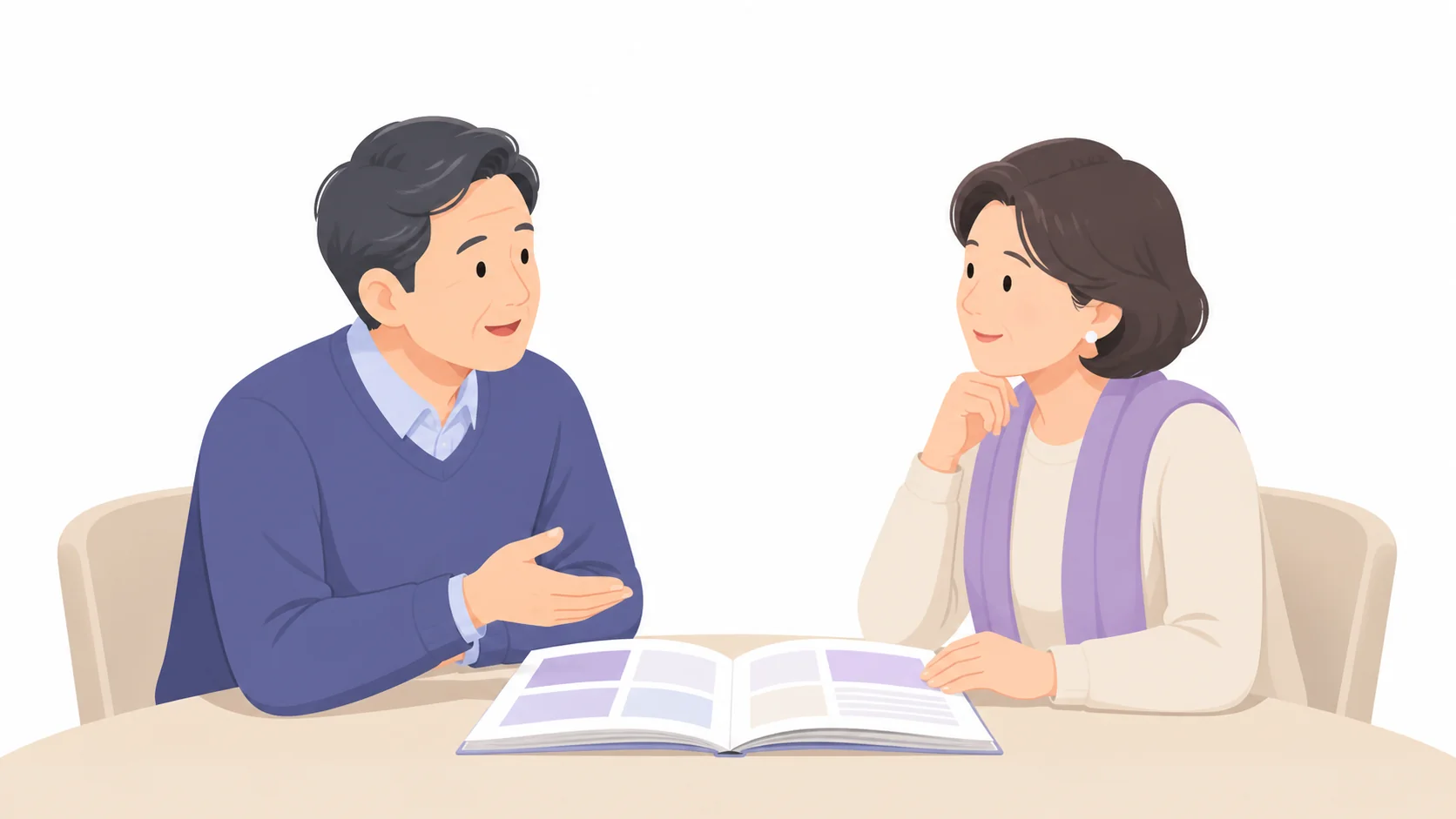 시신 기증 안내 책자를 사이에 두고 상의하는 중년 부부