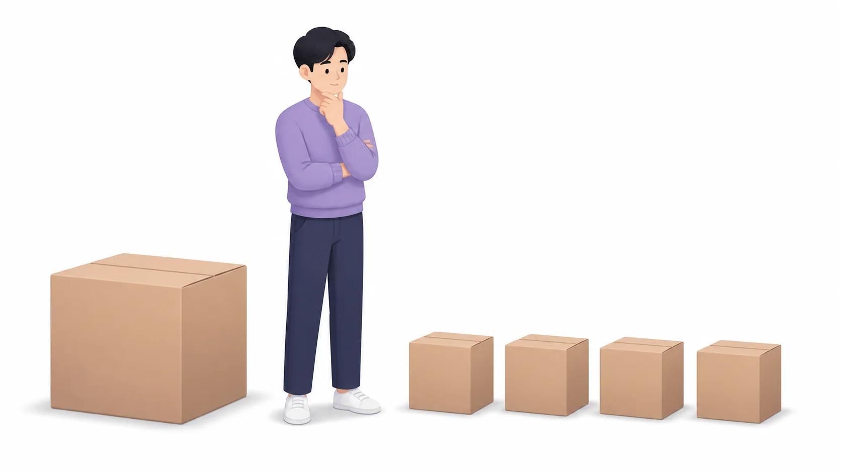 큰 상자 하나가 작은 상자 여럿으로 나뉜 모습을 보는 사람