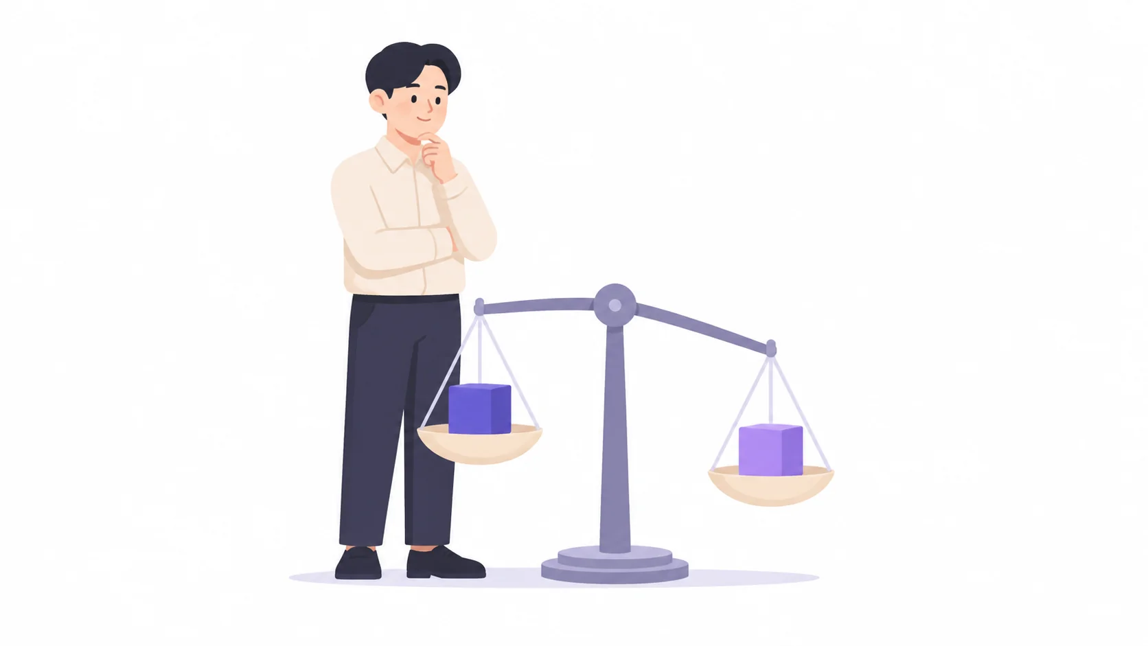 두 개의 저울판 위 블록 크기를 견주어 보는 사람