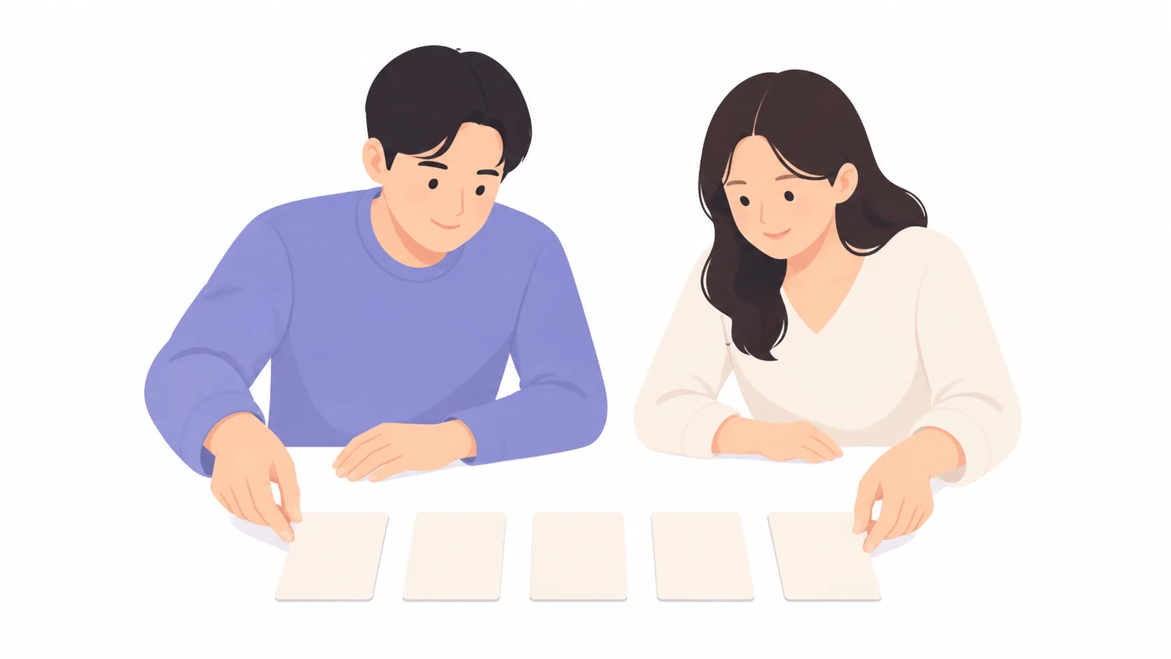 다섯 장의 메모 카드를 순서대로 늘어놓는 손