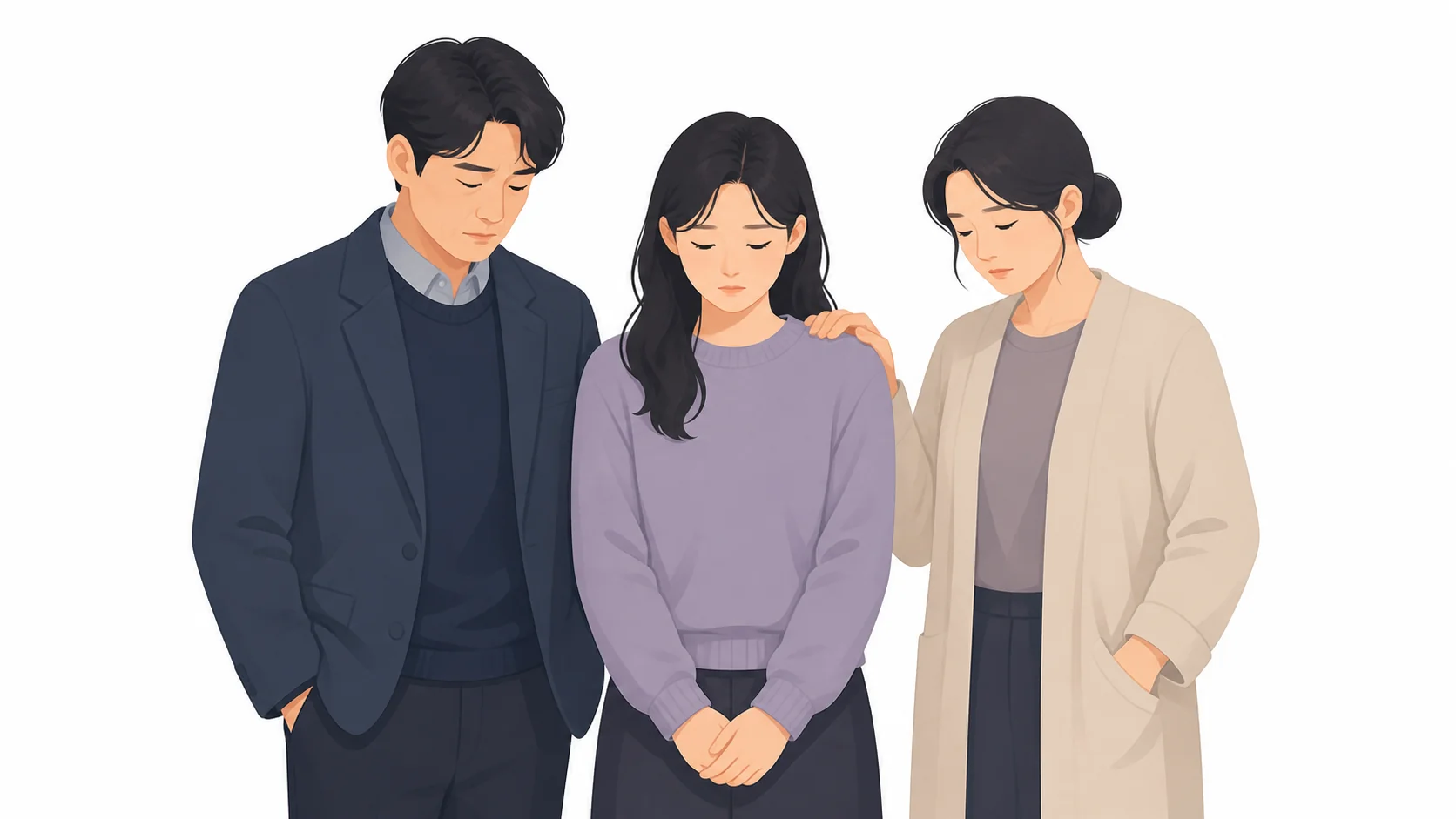 유가족이 나란히 서서 조용히 고인을 맞는 모습