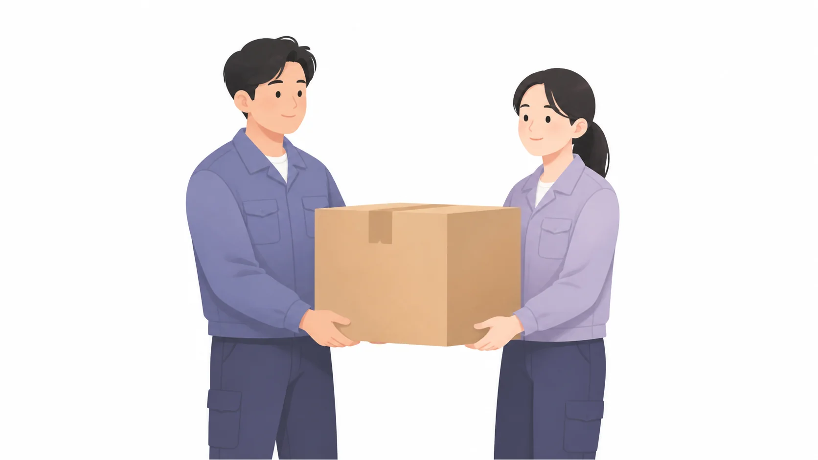 작업자 두 명이 상자를 옮기며 현장을 정리하는 모습