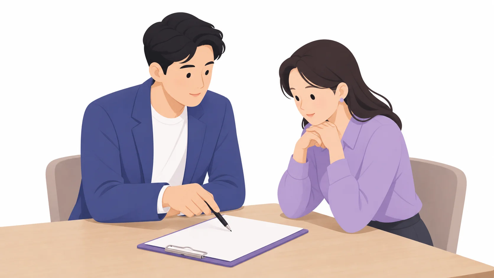 계약 조항을 짚으며 설명을 확인하는 장면