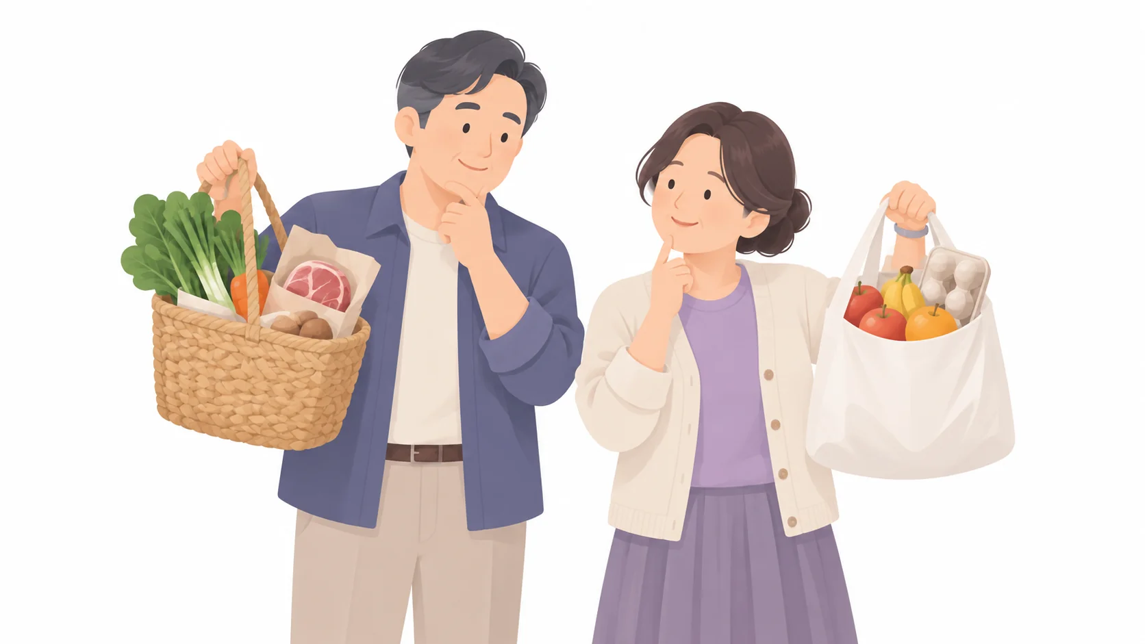 전통시장 바구니와 마트 장바구니를 비교하는 중년 부부