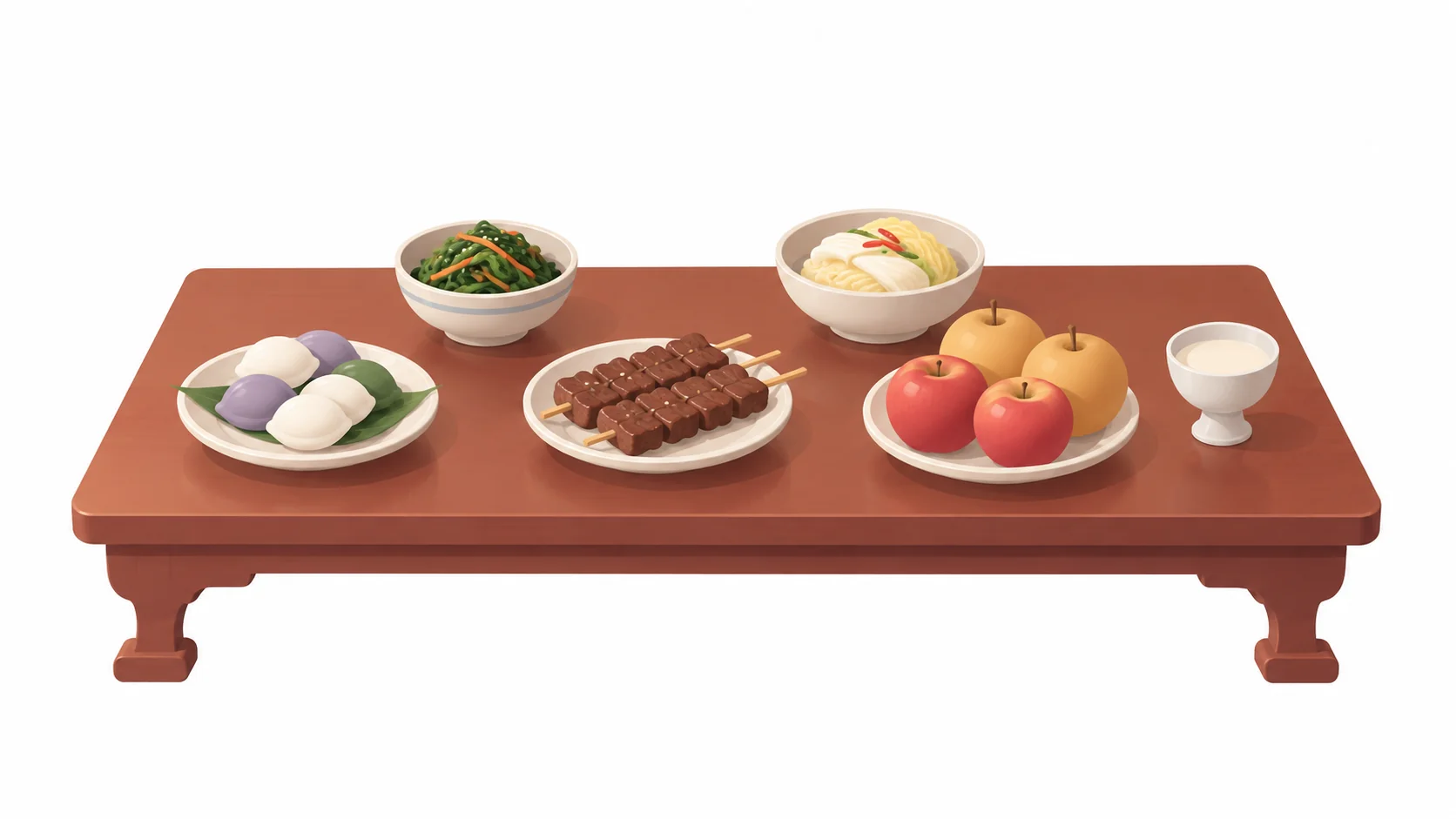 송편과 나물, 구이, 김치, 과일, 술 여섯 가지만 올린 차례상