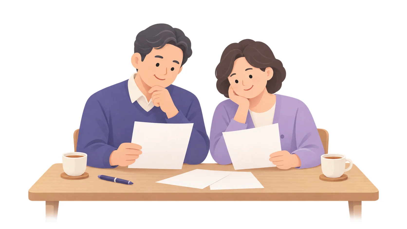 탁자에서 서류를 함께 살펴보는 중년 부부