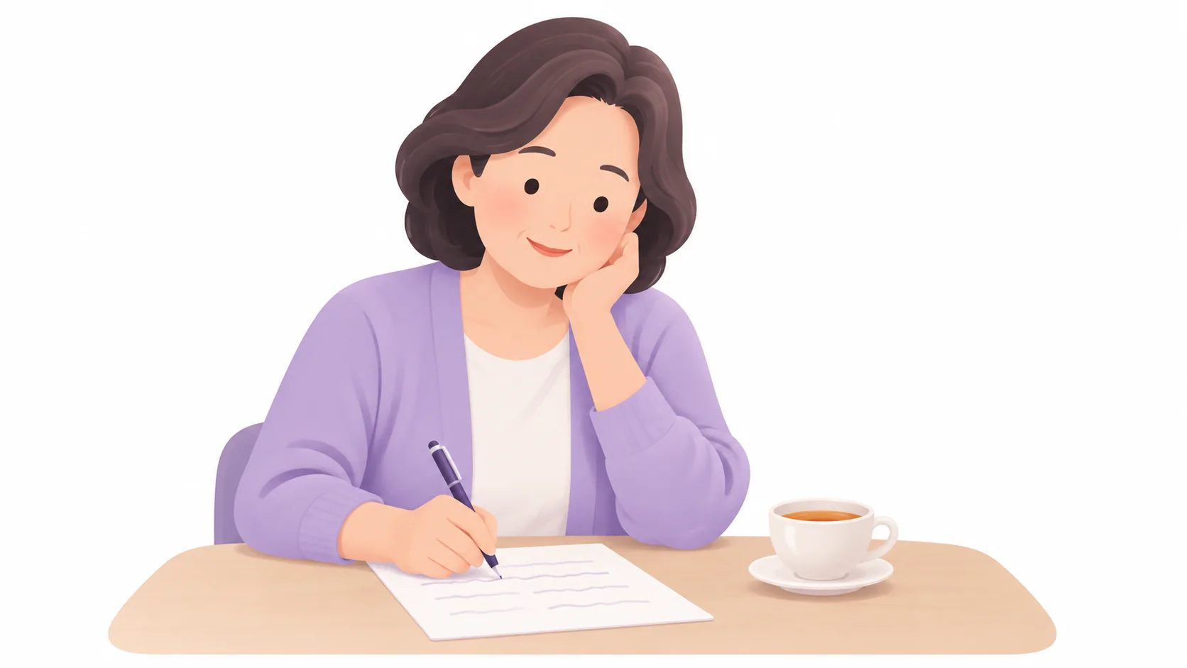 탁자에 앉아 의향서를 적는 중년 여성