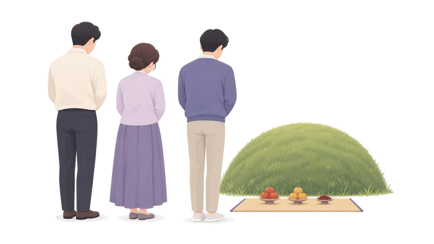 봉분 앞에 상을 차리고 나란히 서서 절을 준비하는 가족