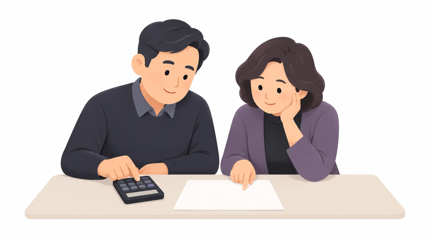 계산기를 두드리며 5일장 비용을 함께 따져 보는 남매