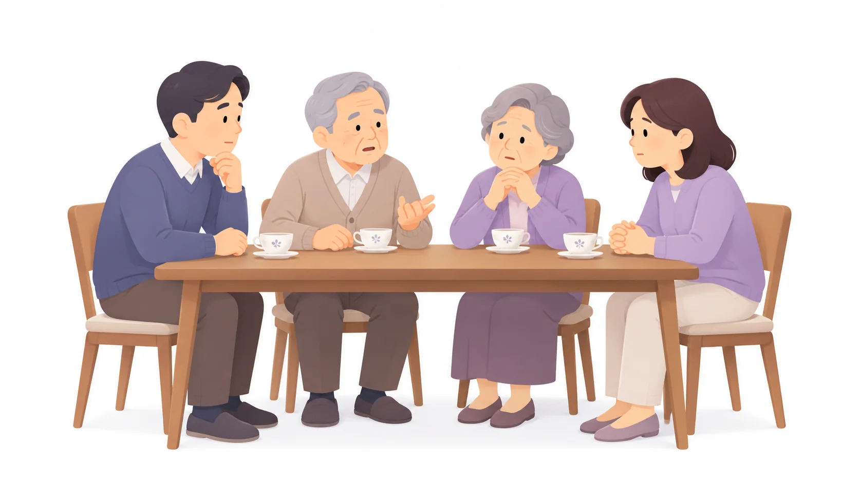 식탁에 둘러앉아 장지를 의논하는 노부부와 자녀
