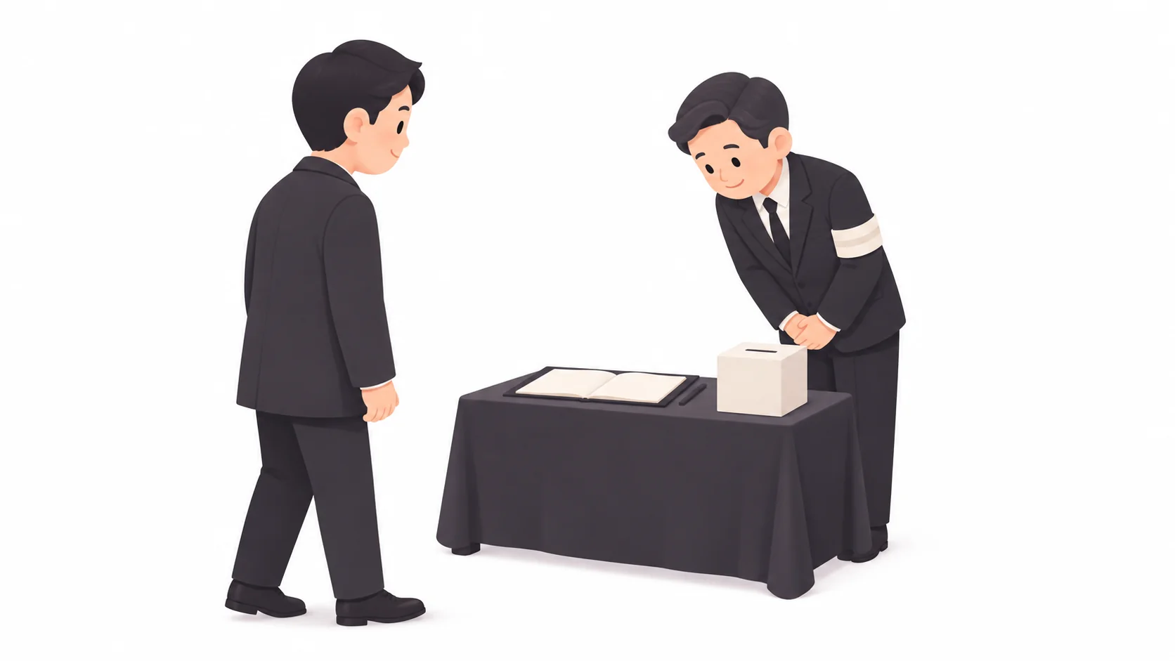 완장을 차고 접수대 옆에서 조문객을 맞는 사위