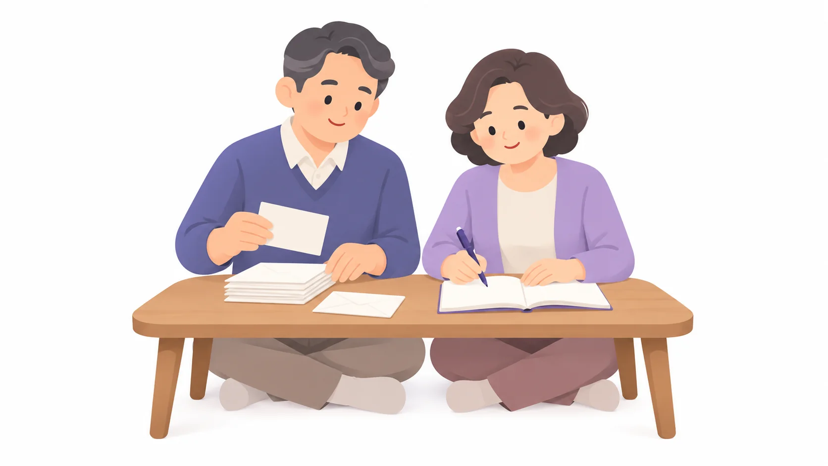 장례를 마치고 조의금 봉투와 장부를 함께 정리하는 부부
