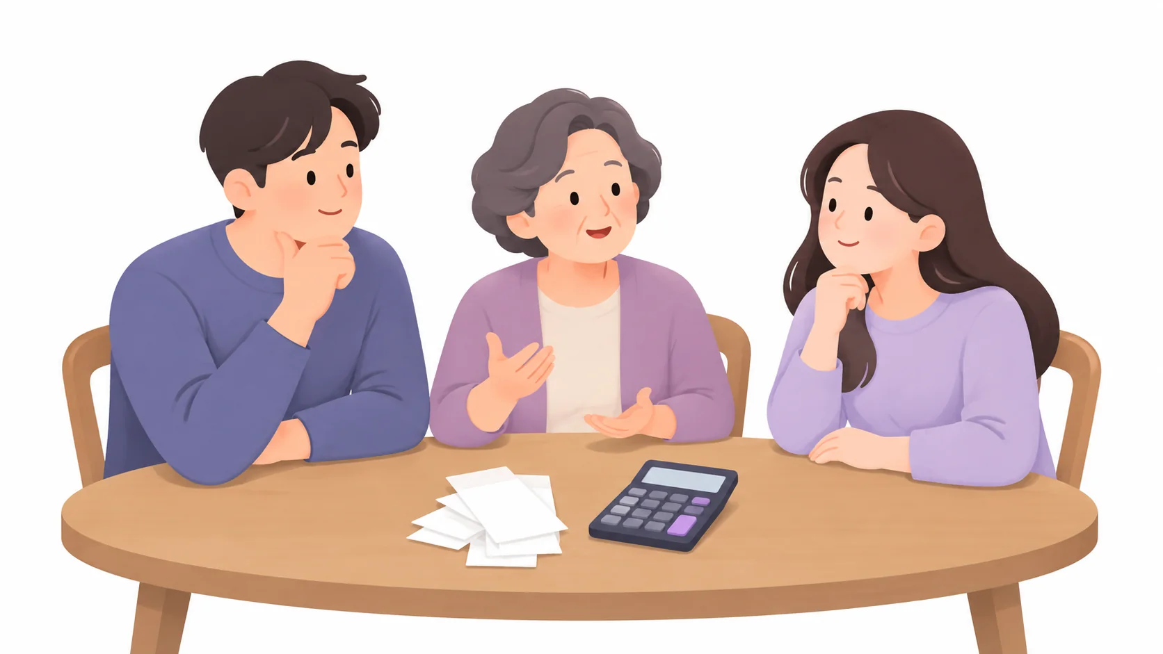 장례비 영수증과 계산기를 놓고 의논하는 어머니와 자녀들