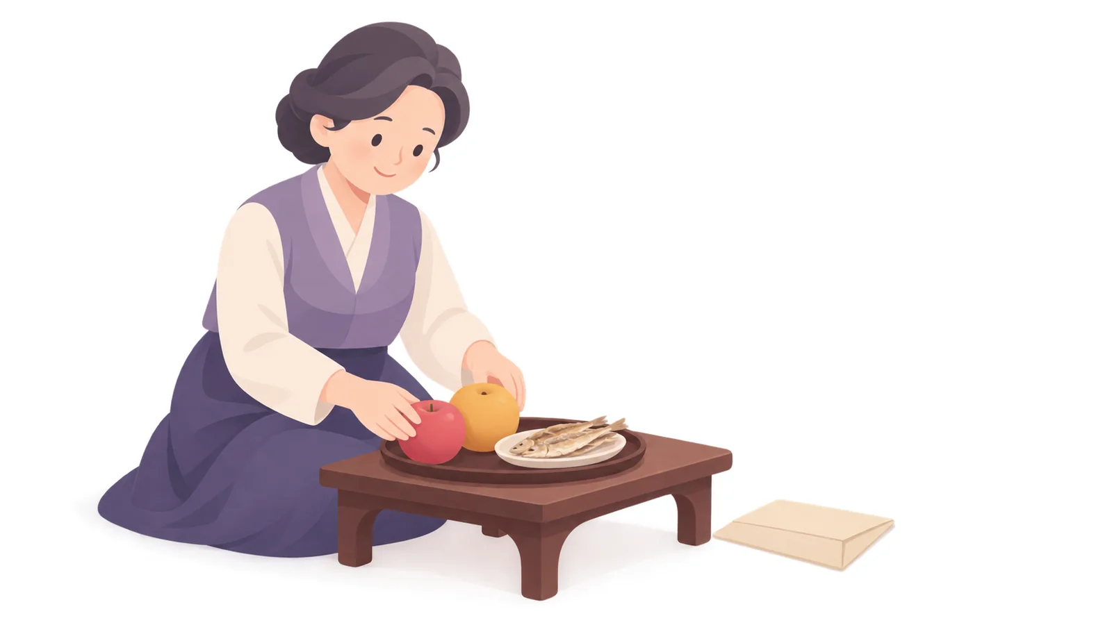 과일과 포로 간소하게 차린 삼우제 상차림과 서류 봉투
