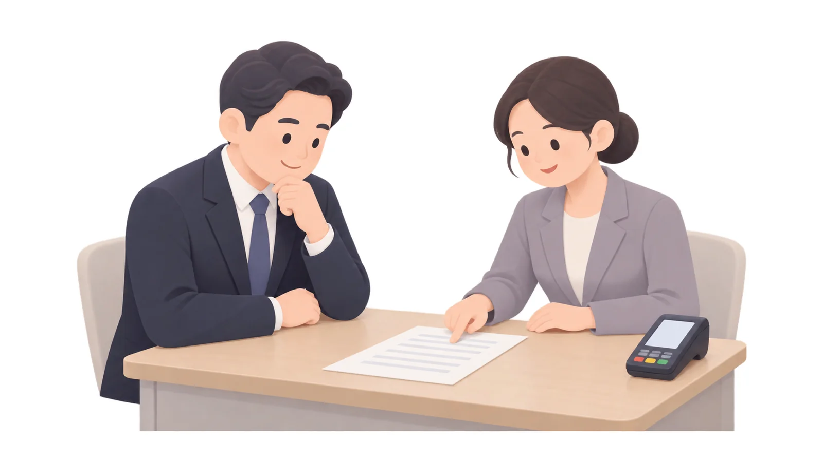 상주와 장례식장 직원이 견적서를 함께 보는 모습