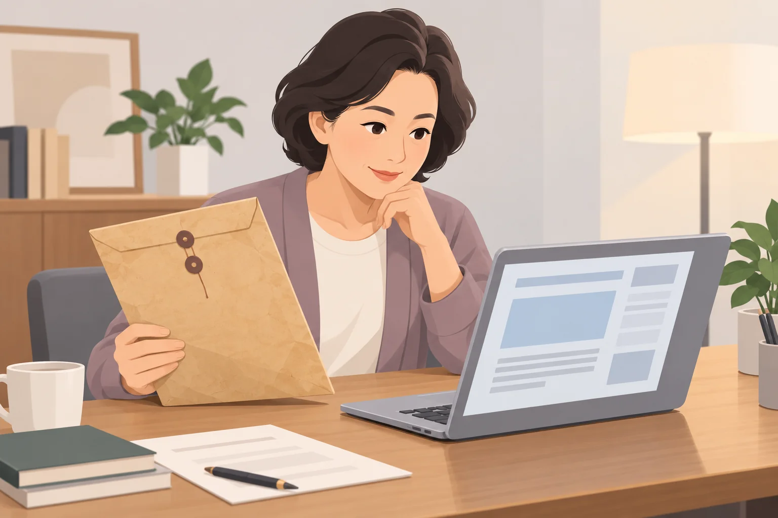 노트북으로 상조 가입 내역을 조회하며 계약서 봉투를 확인하는 딸