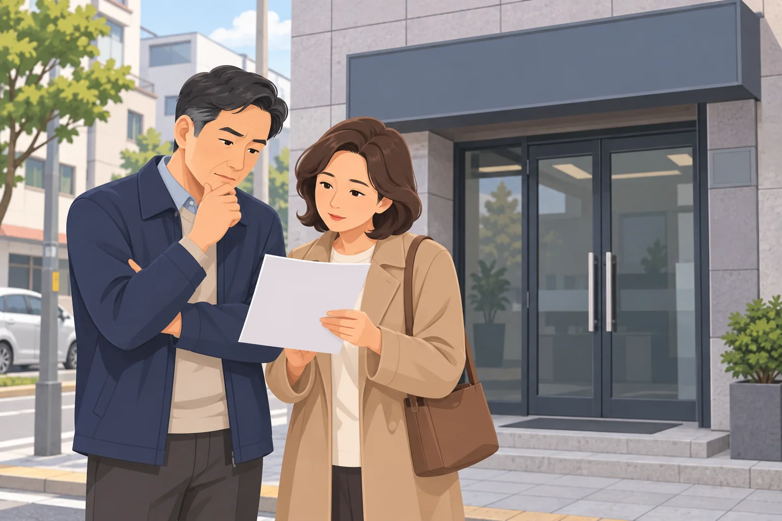 폐업한 상조회사 앞에서 안내문을 읽는 중년 부부