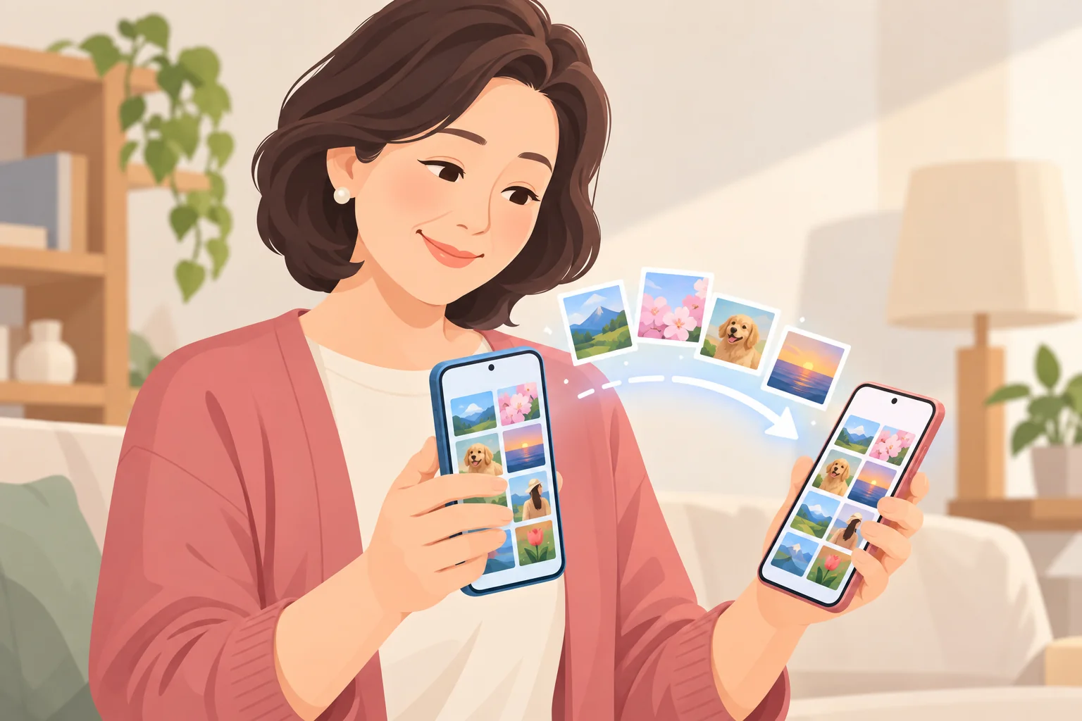 고인 휴대폰의 사진을 가족 휴대폰으로 옮기는 딸