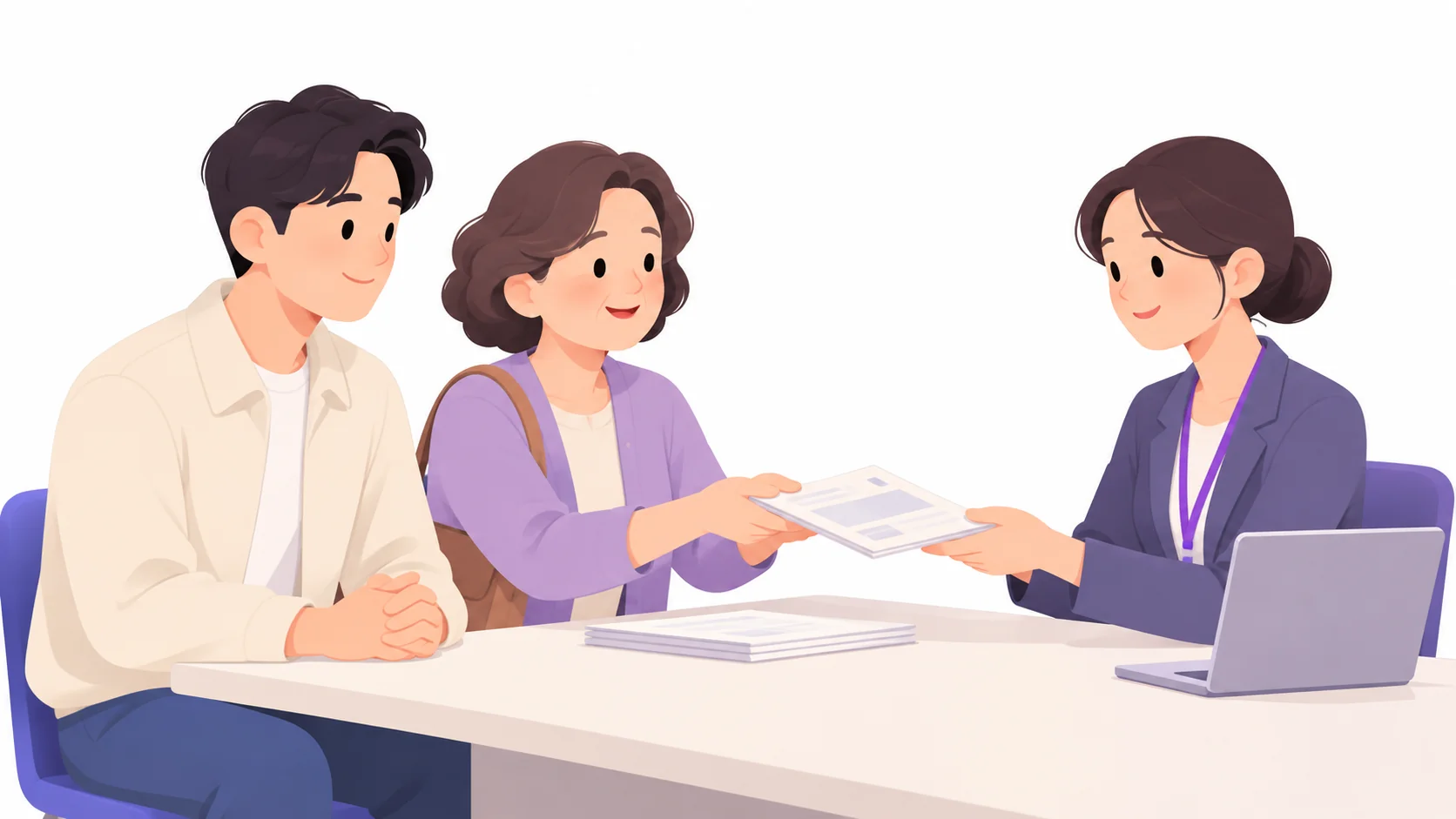 상조회사 창구에 상조 양도 신청서를 내는 두 사람
