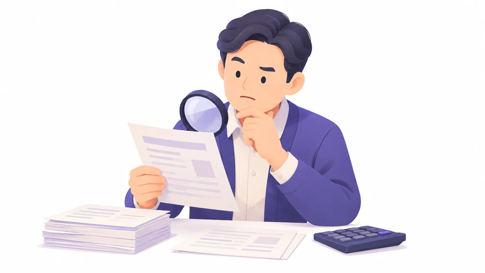 돋보기로 상조 납입 확인서를 살펴보는 남성