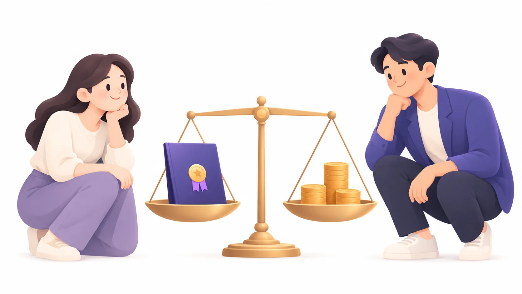 상조 증서와 동전을 저울에 올려 양도와 해약을 비교하는 그림