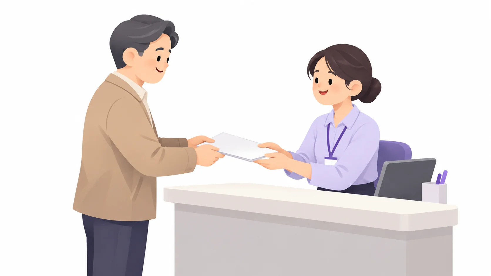 아파트 관리사무소에 명의변경 서류를 내는 남성