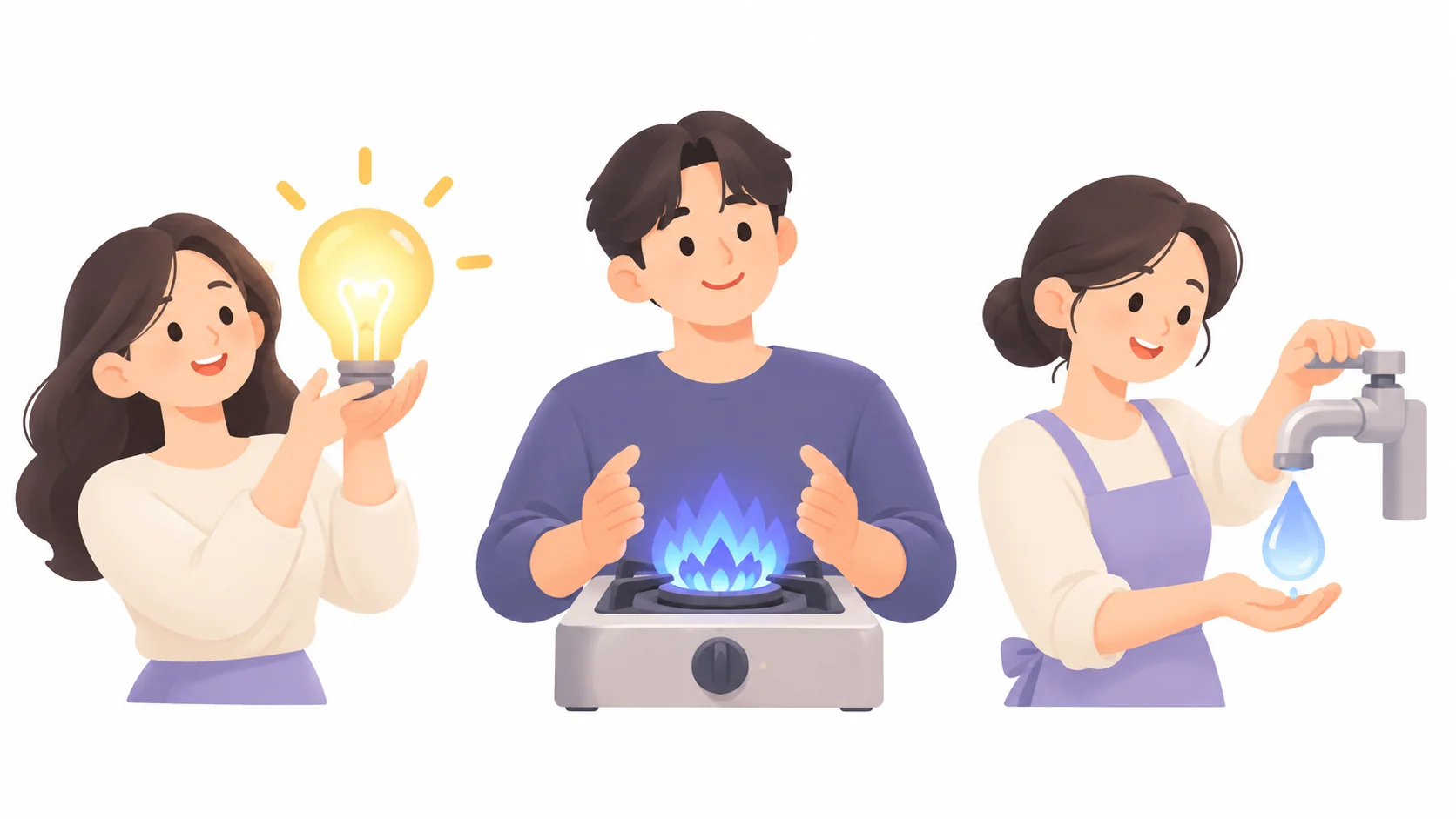 전기 가스 수도를 나타낸 전구와 가스 불꽃, 수도꼭지