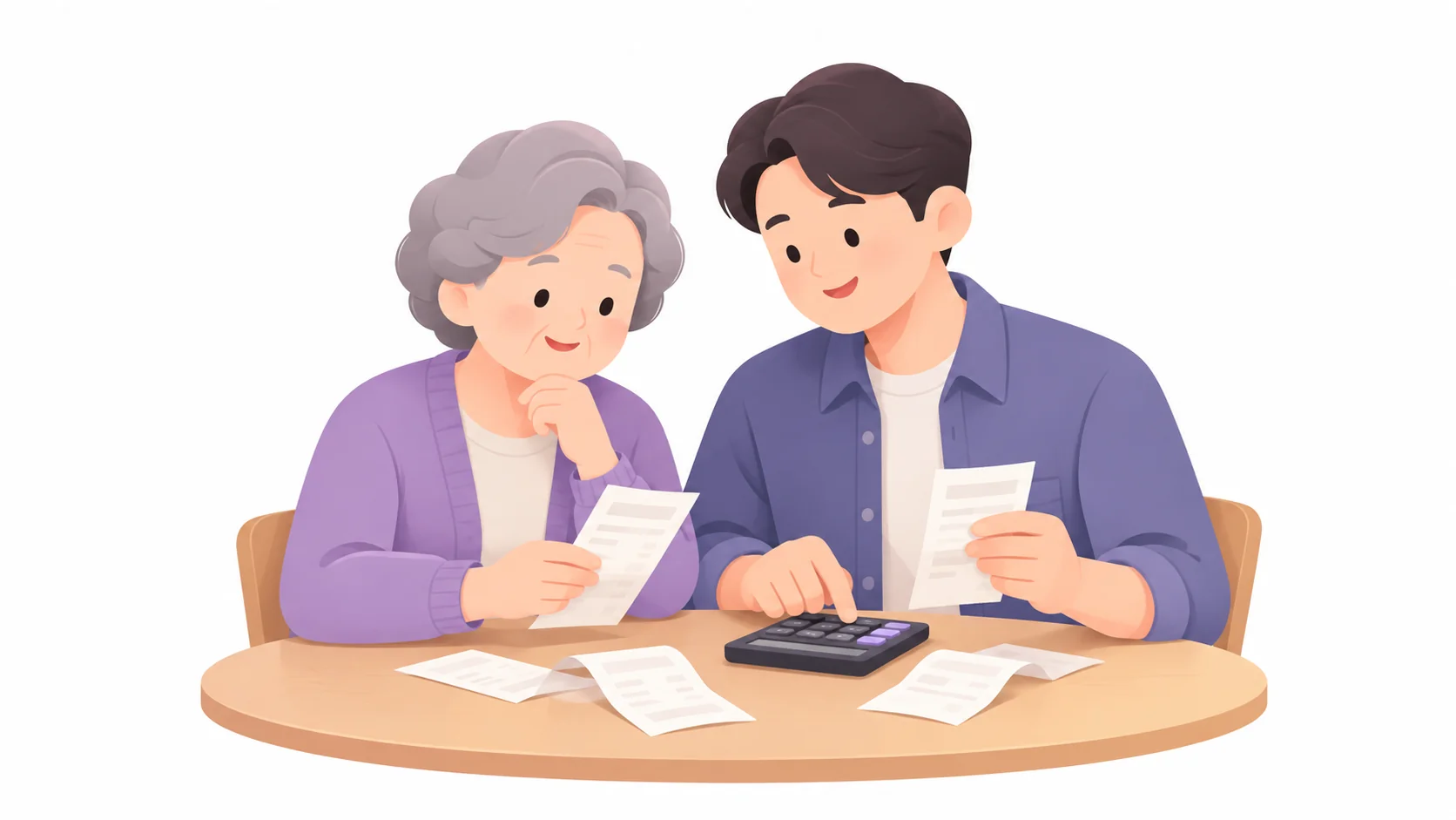 계산기와 영수증으로 고인의 밀린 공과금을 정리하는 어머니와 아들