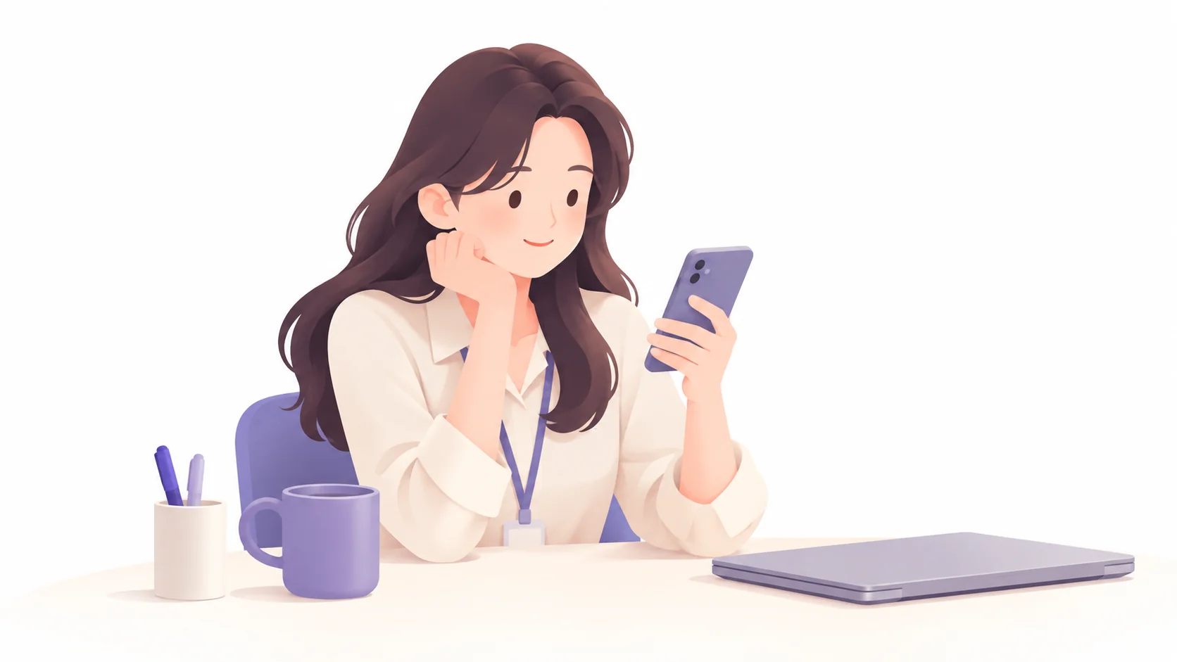 사무실에서 장례 감사 문자를 받고 미소 짓는 직장 동료