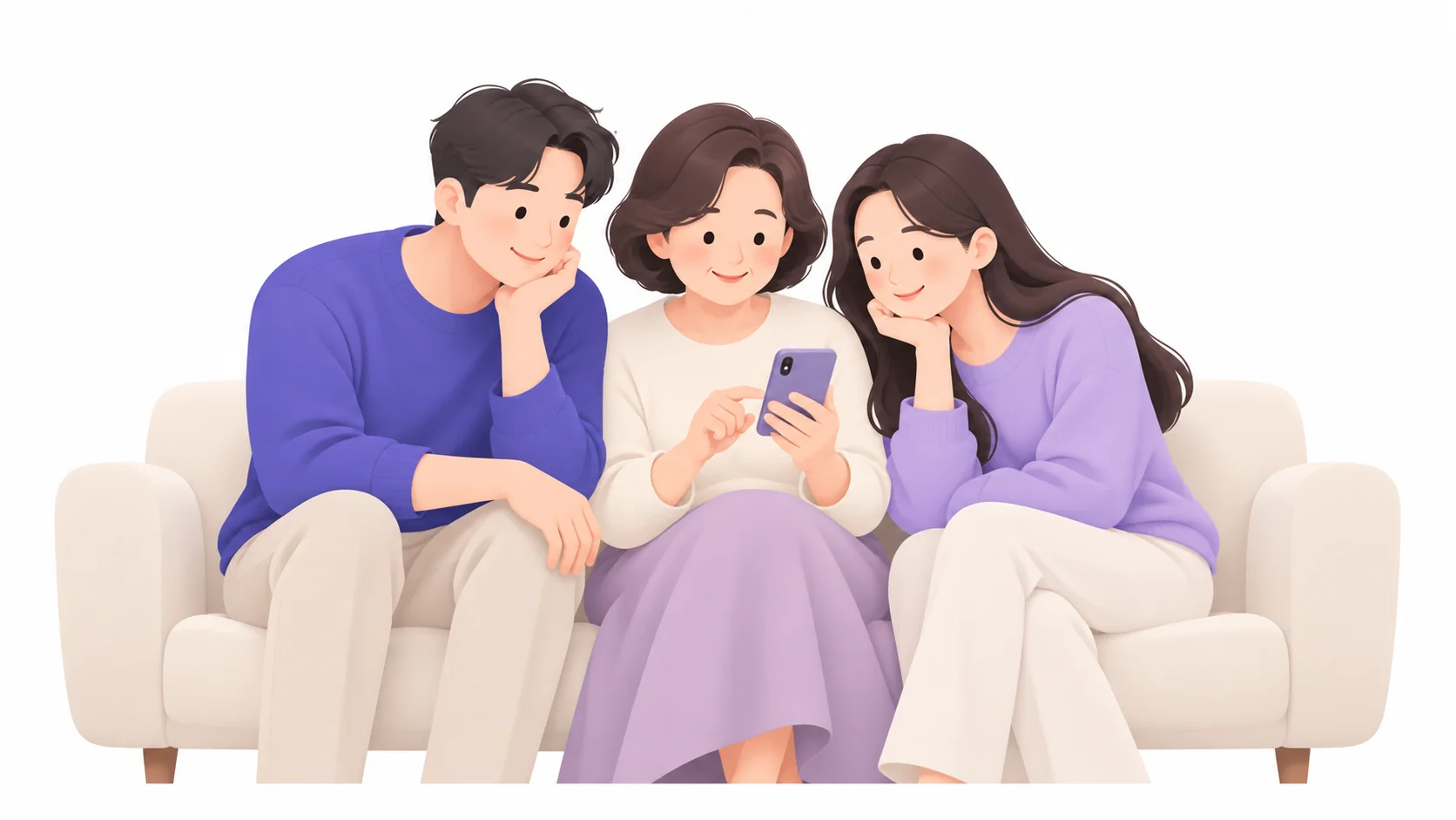 소파에 모여 감사 문자를 함께 보는 가족