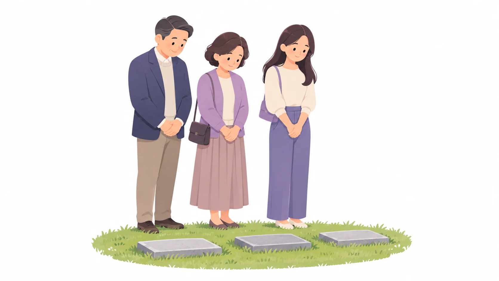 잔디 위 낮은 비석만 놓인 평장묘 묘역을 둘러보는 가족