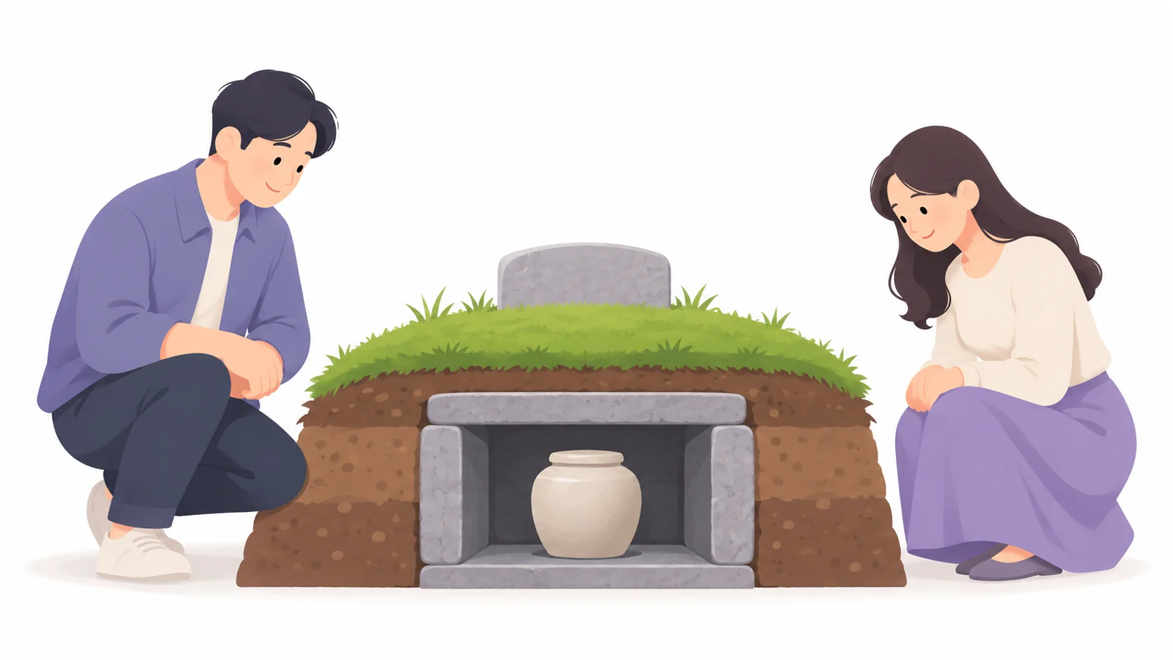 유골함을 넣는 작은 석곽 구조를 보여 주는 평장묘 단면