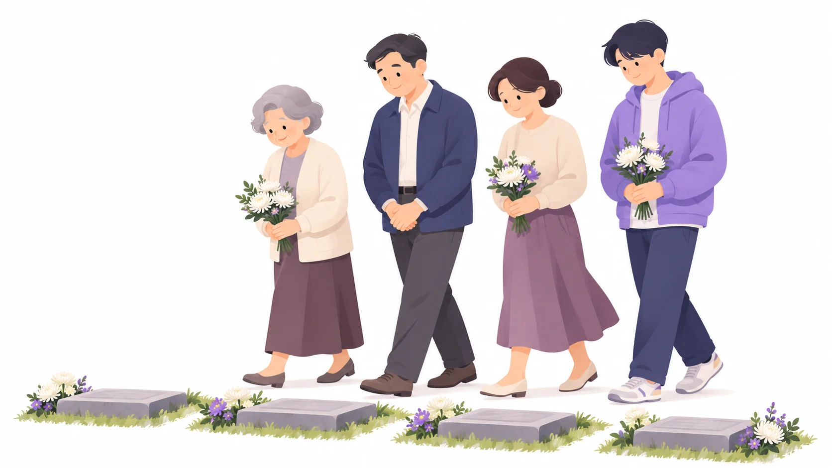 낮은 비석이 나란히 놓인 가족 평장묘 구역을 걷는 세 세대 가족