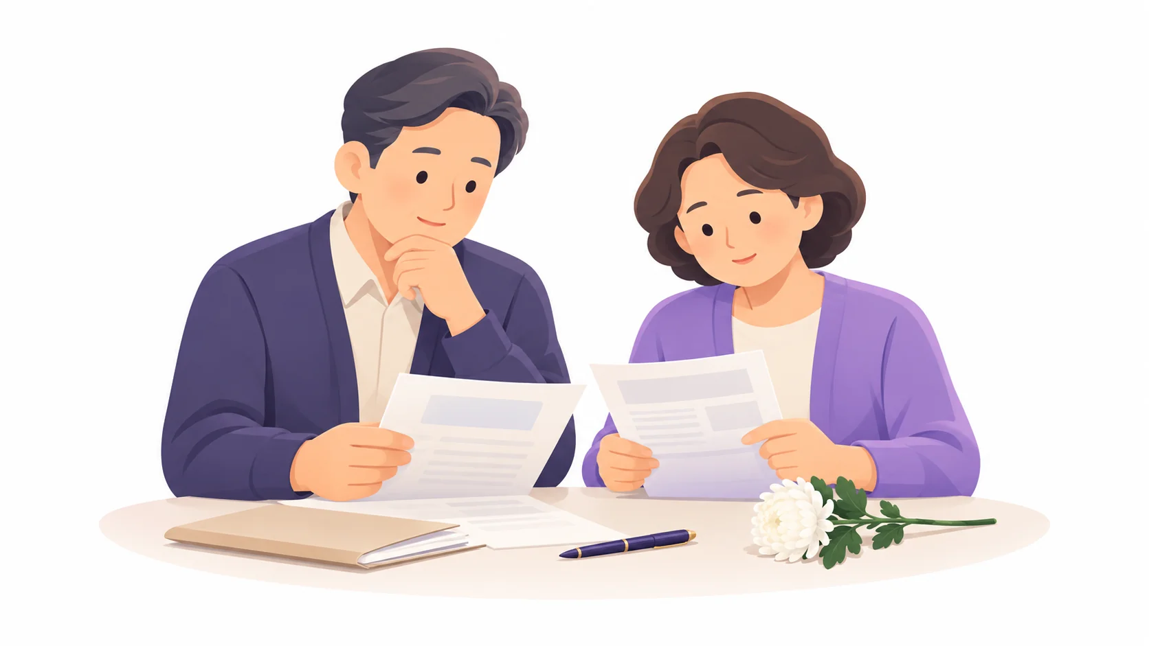 평장묘 계약서와 관리비 안내문을 함께 살펴보는 중년 부부
