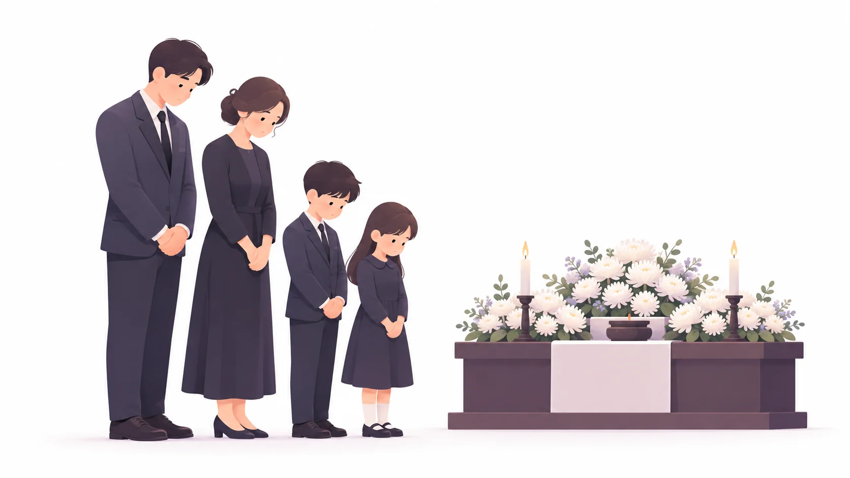 흰 국화가 놓인 단상 앞에 조용히 선 영결식 가족