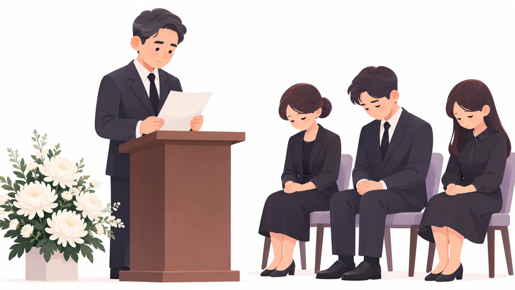 영결식에서 추도사를 읽는 남성과 고개 숙인 참석자들