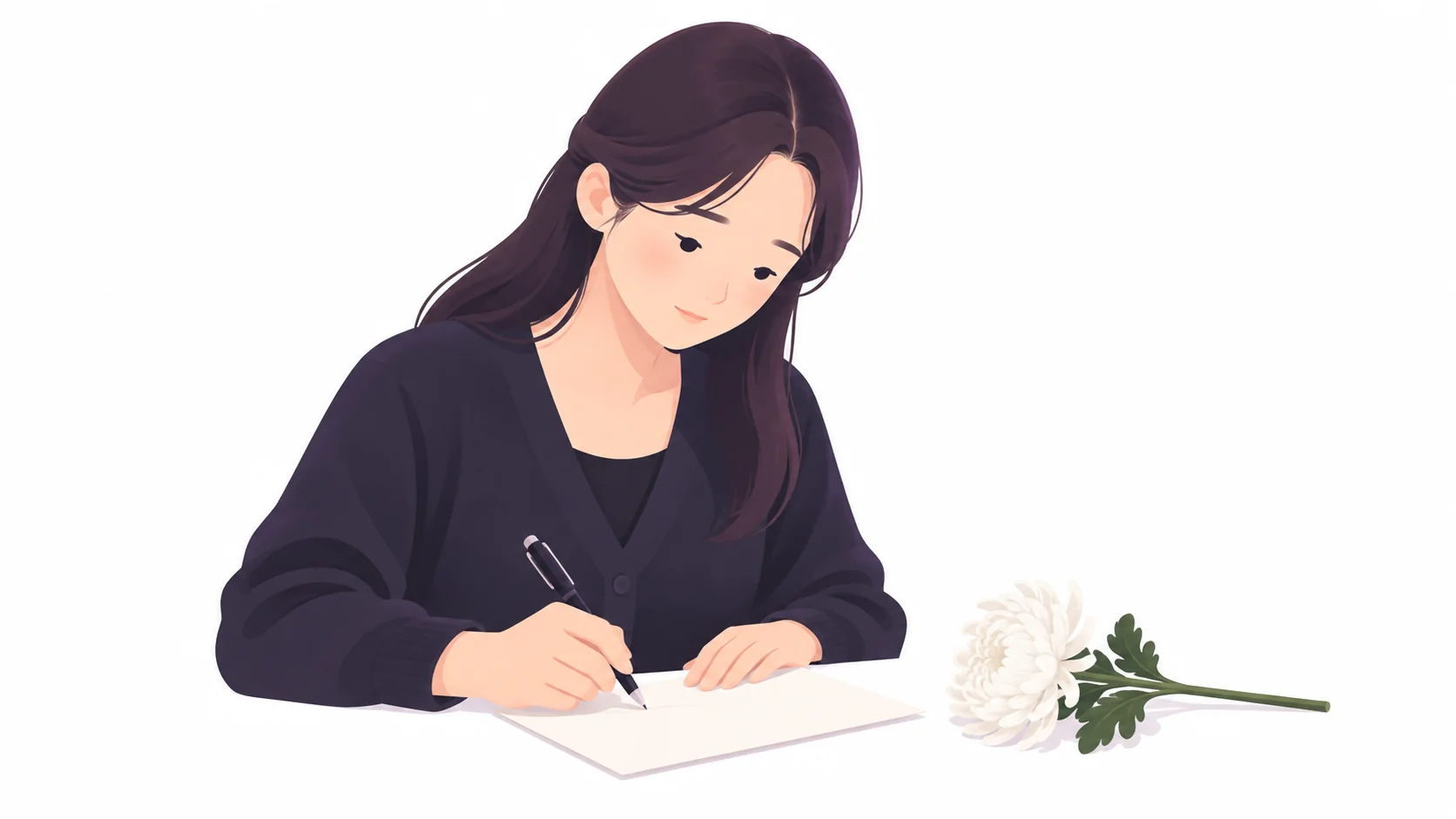 부의 봉투에 이름을 적는 젊은 직장인과 흰 국화 한 송이