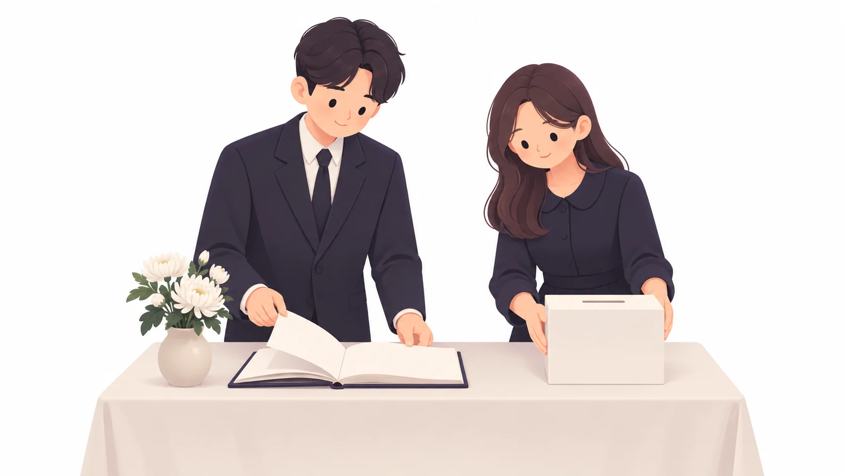 장례식장 접수대에서 방명록과 부의함을 정리하는 손자와 손녀